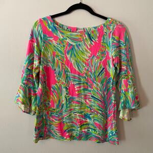Lilly Pulitzer Pink Green Blue 3/4 Sleeve Boatneck Blouse Preppy Women's Small